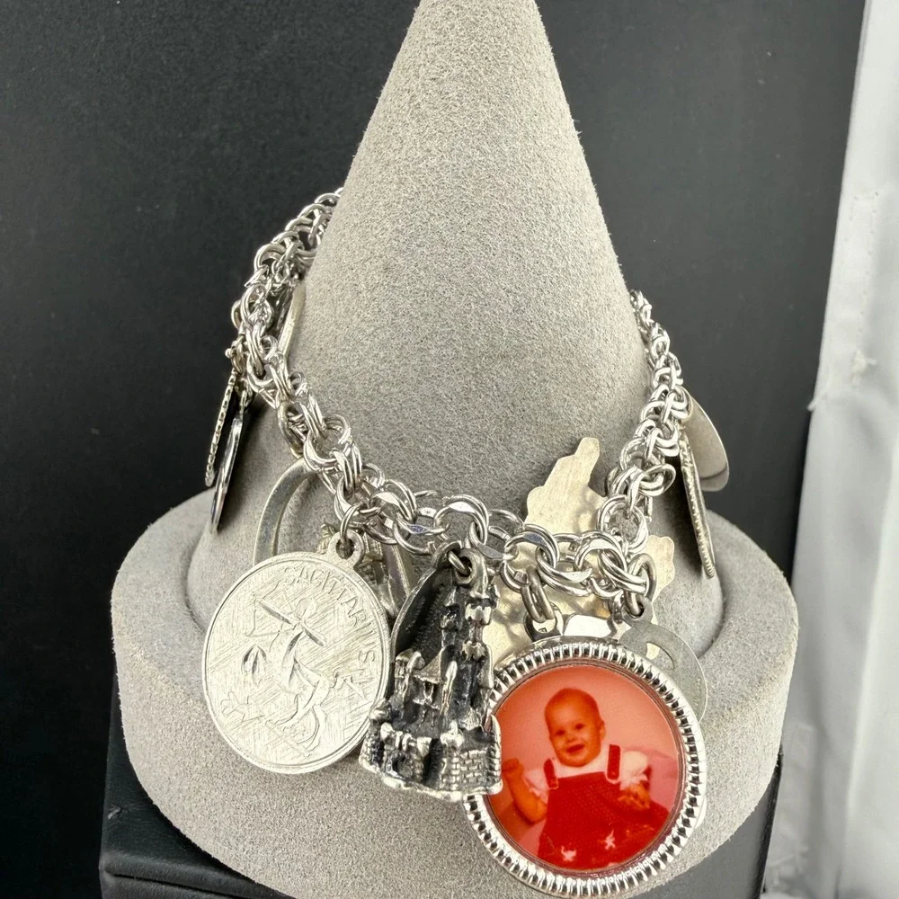 Vintage Mostly Sterling Silver Charm Bracelet Travel Souvenir Disneyland 7in